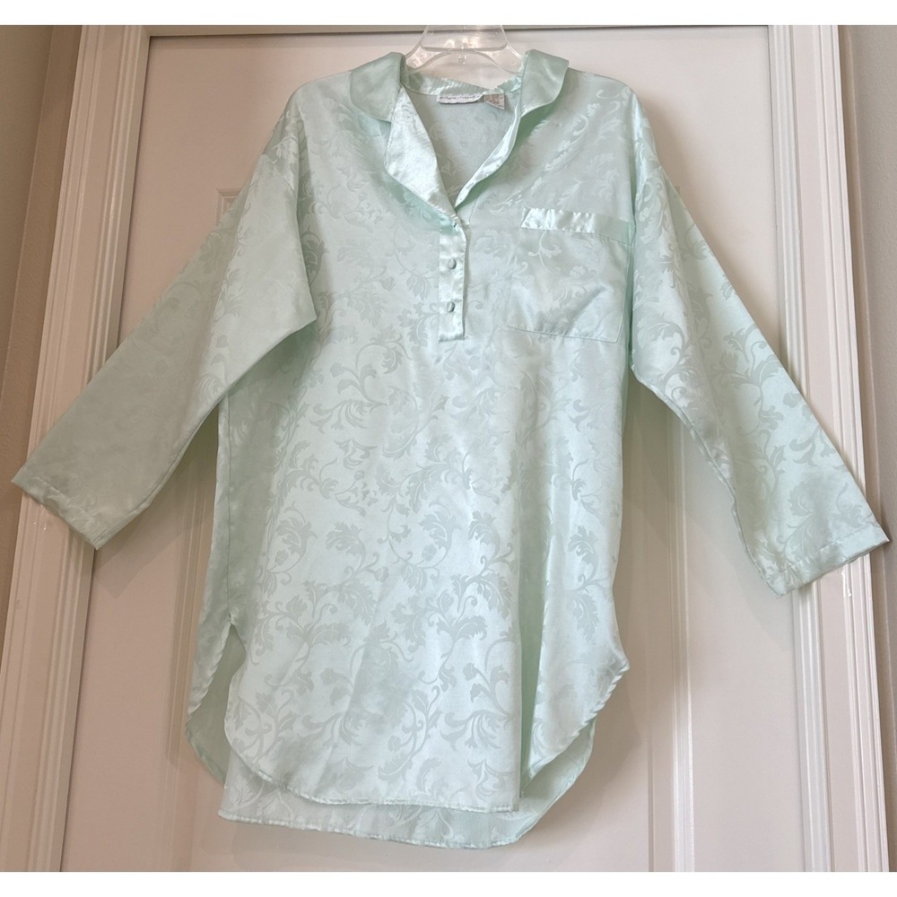 Gilligan & O'Malley Mint Green Satin Damask Jacquard Sleep Shirt Nightgown Sz M